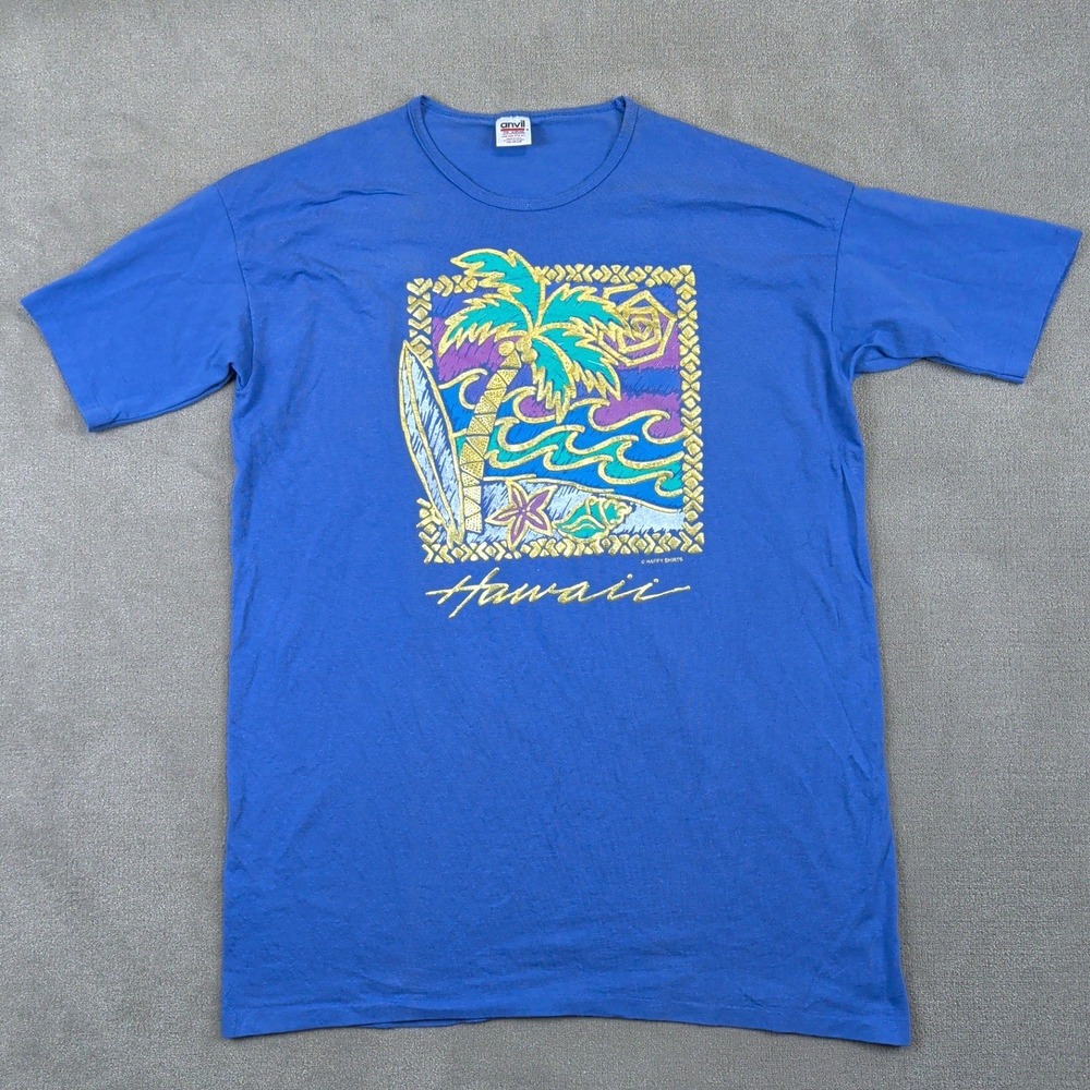 Vintage Anvil Hawaii T Shirt Womens OSFA Blue Puff Print Single Stitch USA Made